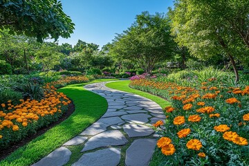 Obraz premium Beautiful flower garden with colorful marigolds, stone path, vibrant green trees, clear blue sky, bright sunlight, wide-angle view, tranquil nature scene.
