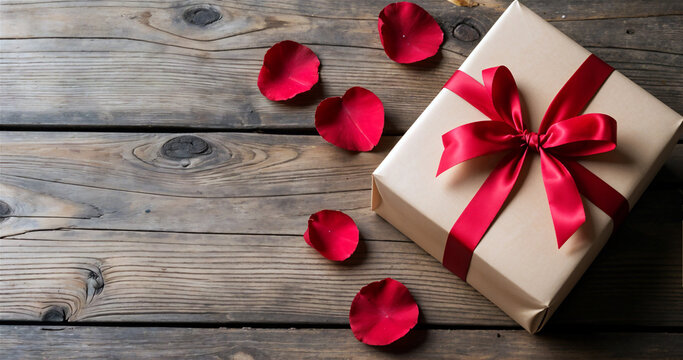 Elegant Gift Box on Wooden Surface with Rose Petals and Negative Space