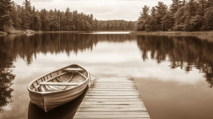 Obraz premium Peaceful Lake Scene with Rowboat at Wooden Dock