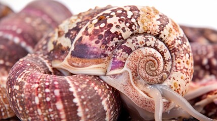 Close up view of a snail shell showcasing intricate patterns and textures on a natural surface