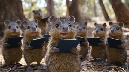 A group of quokkas reading grammar in a park