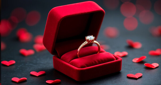 Elegant Gold Ring Displayed in Open Velvet Box, Romantic Lighting
