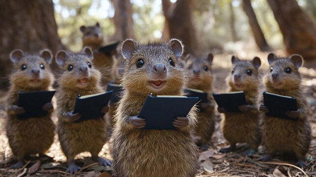 A group of quokkas reading grammar in a park