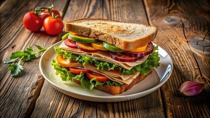 Obraz premium Aerial View Turkey Sandwich Wheat Bread Plate - Delicious Lunch Food Photography