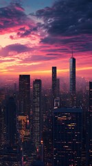 Obraz premium City skyline at sunset with colorful clouds and towering buildings.