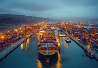Fototapeta premium Aerial View of Busy Port with Container Ship and Cranes at Dusk under Cloudy Sky in an Urban Environment - Shipping Industry and Logistics