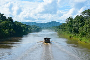 Fototapeta premium Gliding boat across a river surrounded by lush greenery, offering a peaceful retreat on the water