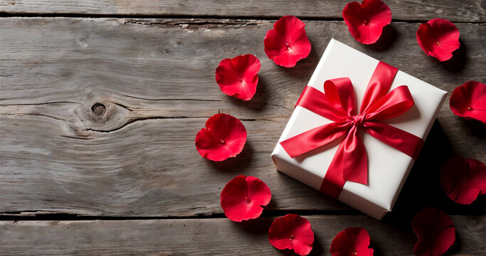 Cozy Flat Lay of Gift Box and Rose Petals on Wooden Surface