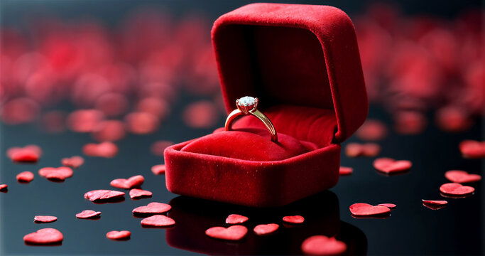 Studio Lighting Macro: Golden Ring in Velvet Box with Heart Accents
