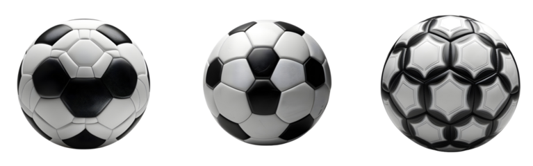 set of A classic black-and-white soccer ball with a traditional hexagonal and pentagonal panel design, isolated on a transparent background