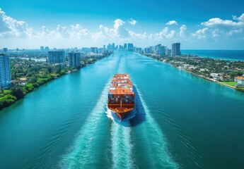 Naklejka premium Aerial View of Cargo Ship Navigating Clear Waters Through Urban Landscape with Lush Greenery and Blue Skies, Showcasing Maritime Trade and City Life