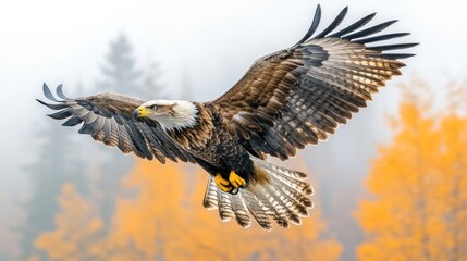 Majestic Bald Eagle in Flight over Autumnal Forest