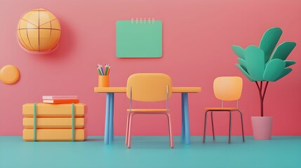 Chairs and table on pink background, school classroom illustration for students and kids, children play decoration