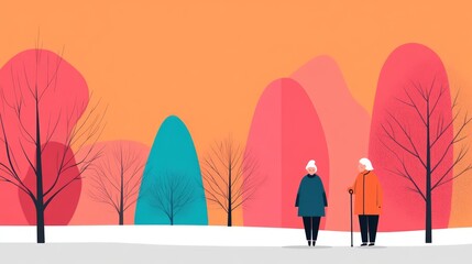 Naklejka premium Two elderly individuals walking in a colorful winter landscape with abstract mountains and bare trees, showcasing companionship and tranquility in nature.