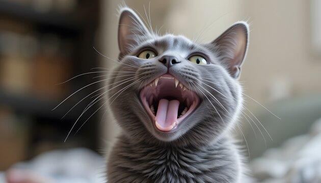 The gray cat looks up, mewing and having widely opened a mouth