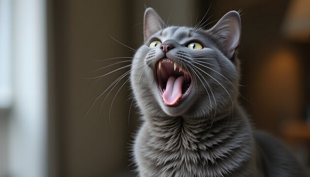 The gray cat looks up, mewing and having widely opened a mouth