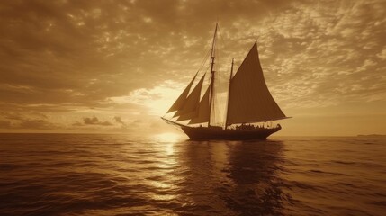 Fototapeta premium Golden Sunset Sailboat on Calm Ocean