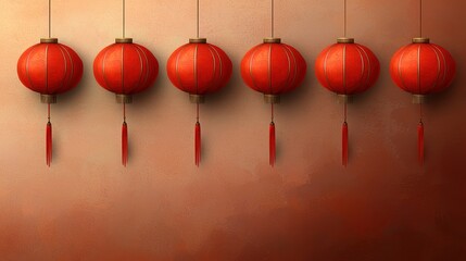 A row of vibrant red lanterns hanging against a warm gradient background.