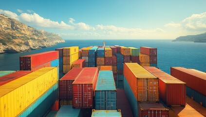 Aerial View of Colorful Shipping Containers Stacked on a Cargo Ship Against a Clear Blue Sky and Serene Ocean, Highlighting Maritime Trade and Logistics