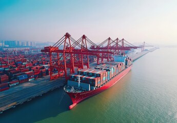 Aerial View of Container Ship Docked at Shipping Terminal Surrounded by Stacked Cargo Containers in a Busy Port Setting During Daylight
