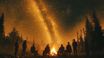 Silhouetted figures gathered around a campfire under a vibrant Milky Way