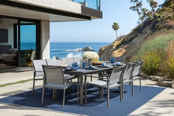 The Great Outdoors patio dining set with table and chairs in gray finish on a blue rug, near beach view wall art, creating a stylish outdoor dining area.