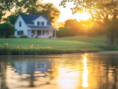 rural view, blurred background. pond and house in the distance at sunset
