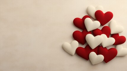 Fototapeta premium A collection of red and white hearts arranged on a soft background, symbolizing love.