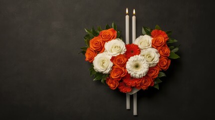 Fototapeta premium A heart-shaped floral arrangement with orange and white roses, accompanied by two candles.
