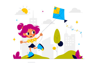 Vector Illustration of People Playing with Kites Outdoors, Featuring Joyful Summer Activities, Holiday Fun, and Happiness in a Flat Cartoon Background