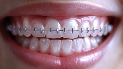 Fototapeta premium Close-Up of Teeth with Braces in a Dental Setting for Orthodontic Care.