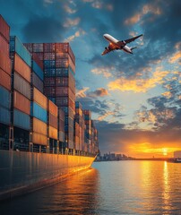 Airplane Flying Over Container Ship at Sunset with Vibrant Sky and Reflections on Water, Capturing the Essence of Global Trade and Transportation