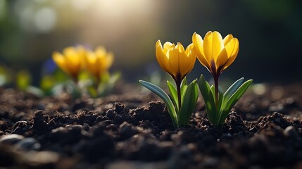Obraz premium Two Yellow Crocuses Emerging from the Soil in the Warm Sunlight
