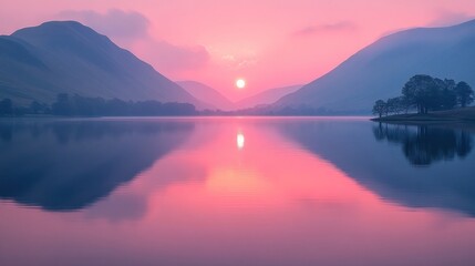 Fototapeta premium Pink Sunset over Serene Lake and Mountains