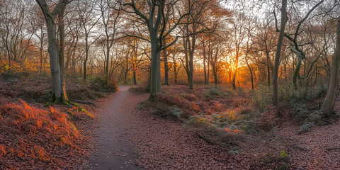 Fototapeta premium Forest Path at Sunset with Golden Sunlight