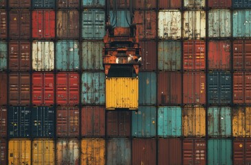 Cargo Containers in Various Colors and Textures Stacked Neatly at a Port with a Crane Hoisting One Container for Loading or Unloading Operations