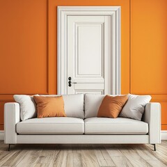 Fototapeta premium Vibrant Contrasts: A Stylish Sofa in Front of an Orange Wall with a White Door Backdrop