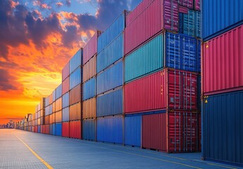 Fototapeta premium Colorful Shipping Containers Stacked at a Port During Sunset with Dramatic Sky and Industrial Landscape