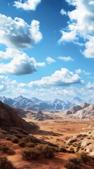 Fototapeta premium Expansive desert landscape under a bright blue sky with clouds.