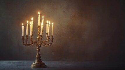 Golden Menorah Holding Lit Candles On Table