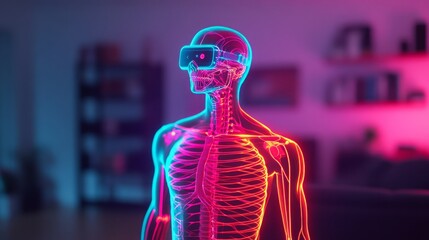 Futuristic Human Skeleton Model Wearing Virtual Reality Headset in a Modern Living Room with Neon Lighting and High-Tech Aesthetic