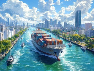 Obraz premium Container Ship Navigating Through Urban Canal Amidst Skyscrapers and Lush Greenery Under a Bright Cloudy Sky with Busy City Life in the Background