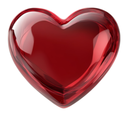 Red glass heart isolated on transparent background, love and romance concept