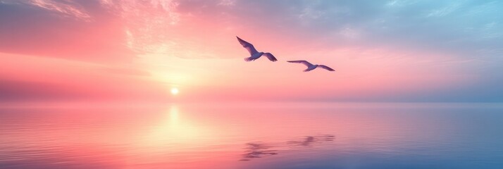 Fototapeta premium Serene Sunset: Two Birds in Flight Over Tranquil Waters