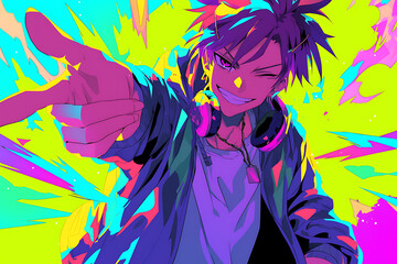 Naklejka premium Vibrant animated character with headphones pointing playfully against a colorful abstract background