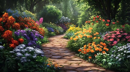 A vibrant garden path surrounded by colorful flowers and greenery.