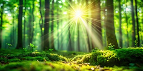 Fototapeta premium Sunlight Beams Through Lush Forest Canopy Illuminating Mossy Ground and Young Saplings
