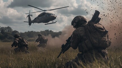 Helicopter Landing Amid Tactical Military Operation in a Grassy Field