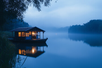 Obraz premium Houseboat Anchored at the Edge of a Tranquil Lake, A Perfect Retreat Surrounded by Nature
