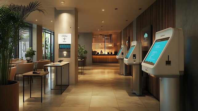 Sleek and modern hotel lobby with digital check in kiosks and screens